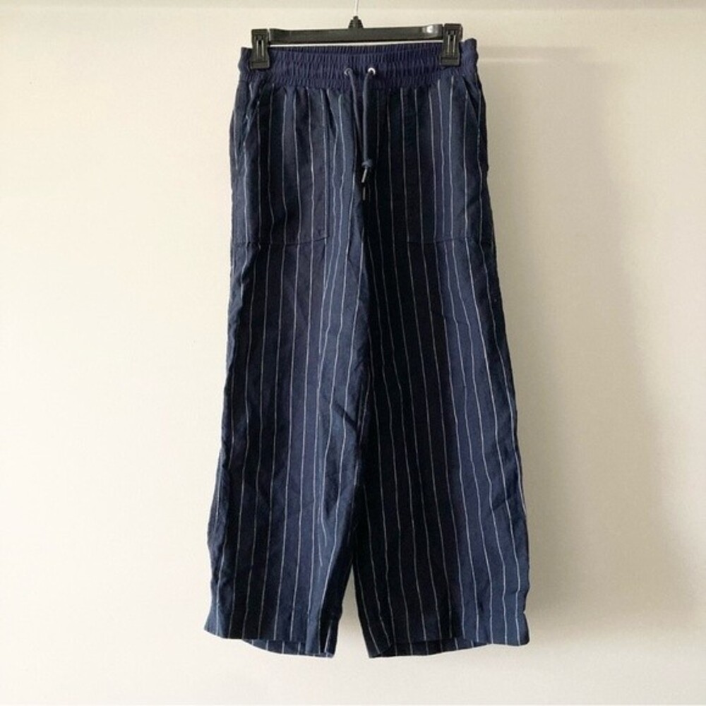 Athleta Navy Blue Striped Bali Cropped Pants Linen‎ Size 0 Style 291717 Casual - Picture 2 of 6